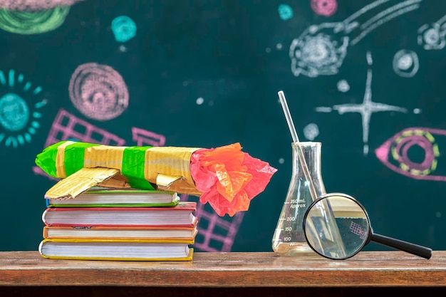 Many books are placed on the table Paper rocket And a magnifying glass Beaker The background is the blackboard that is written about the stars satellites spacecraft