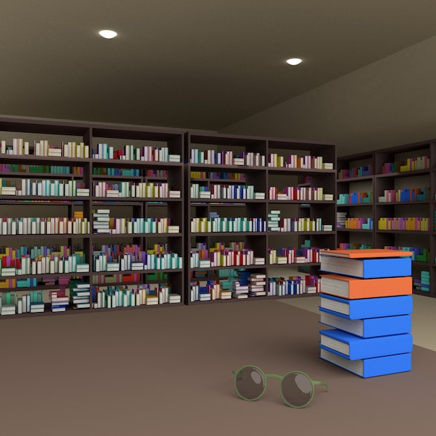 many books on bookshelf and glasses on table