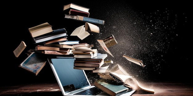 Many books falling out of a lap top computer screen