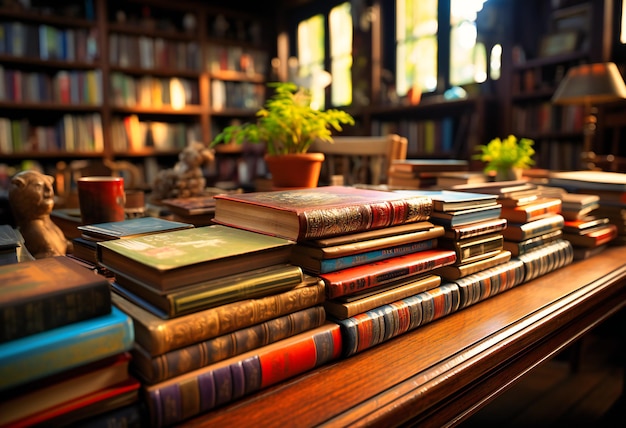 many books on a shelf with windows