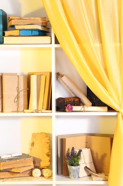 Many books on white shelves