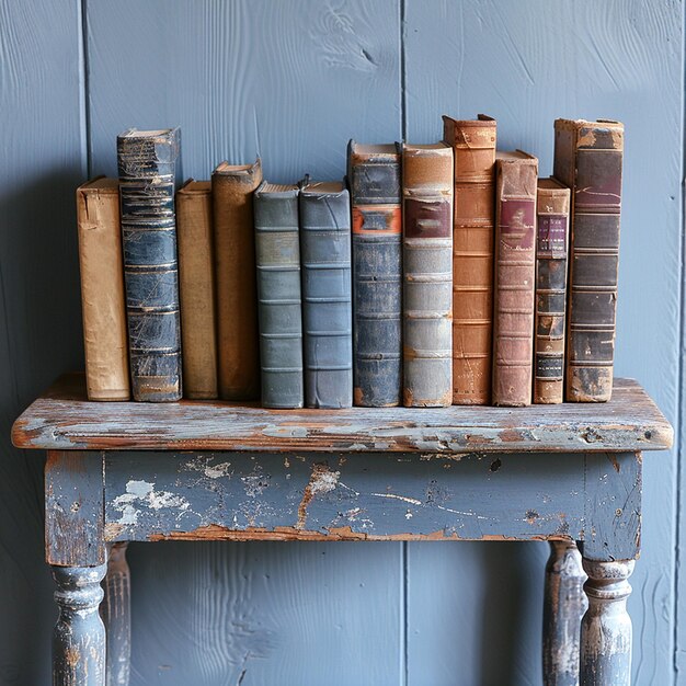 Foto molti libri su un tavolo di legno e uno sfondo di un solo colore