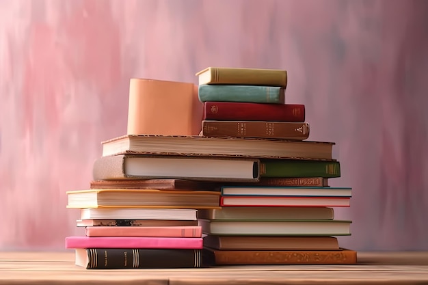 Many books on a wooden table and a pastel pink background back to school Education Generative AI