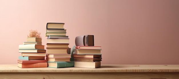 나무 테이블 위에 많은 책과 파스텔 분홍색 배경으로 학교로 돌아갑니다.