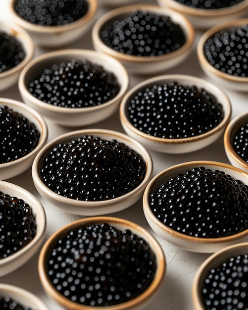 Many bowls of caviar on the table