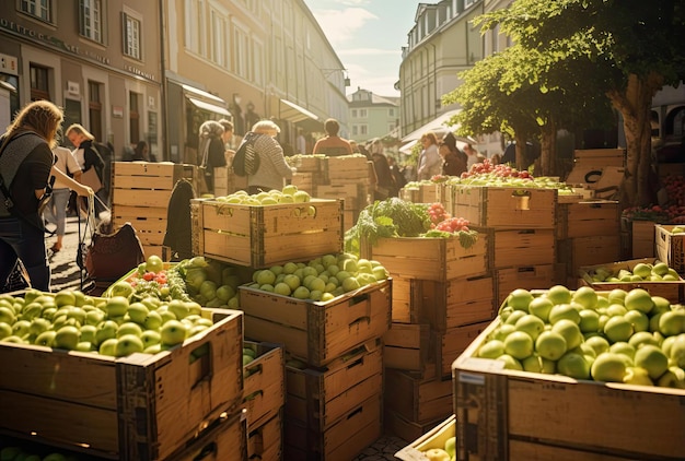 много коробок с фруктами в солнечном свете в стиле социальной документальной фотографии