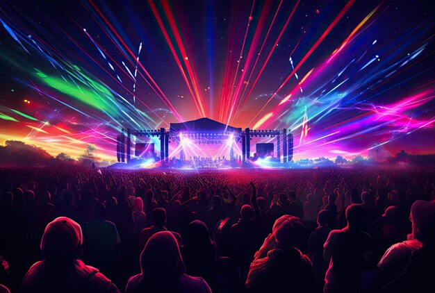 Many bright blue lights illuminating a crowd at night a concert in the style of multicolored