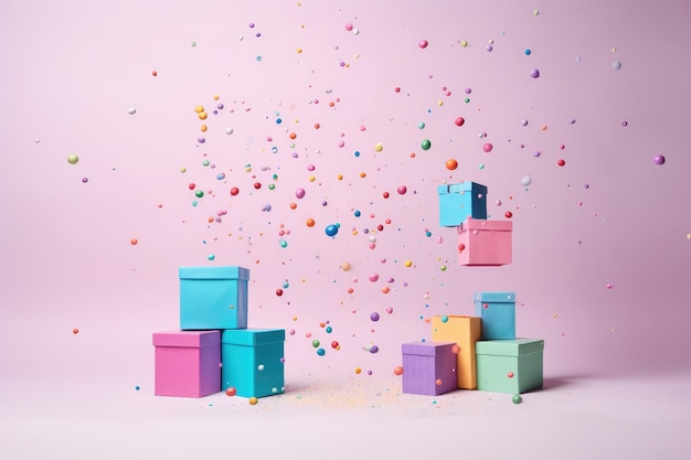 Photo many bright colorful gift boxes with on festive pink background with copy space and confetti