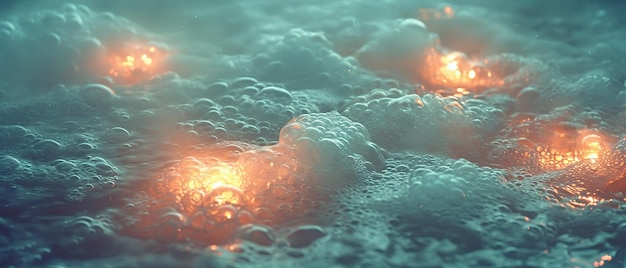 Photo a many bubbles of water in a pan with orange lights