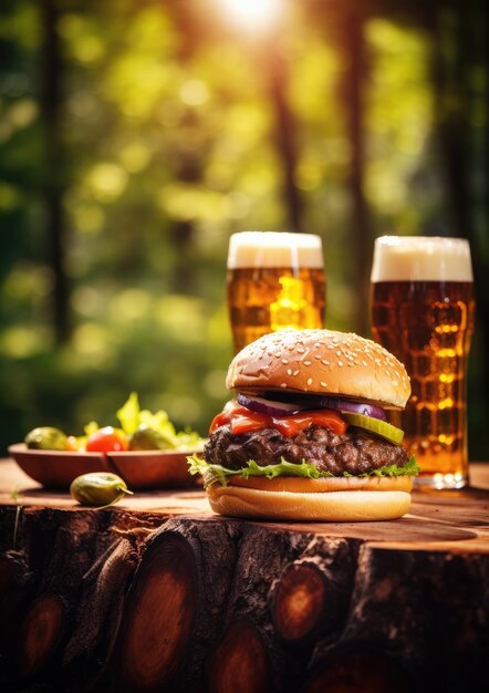 Many burgers and beers outdoor on a full wooden table nature Generative Ai