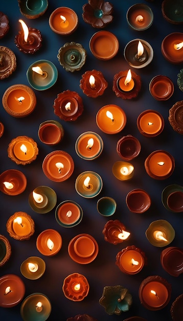 Many burning candles on dark background top view space for text