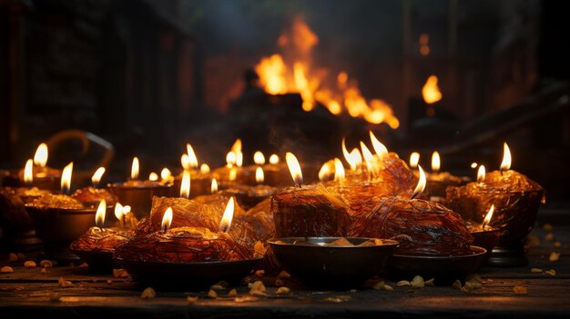 Many burning candles on table