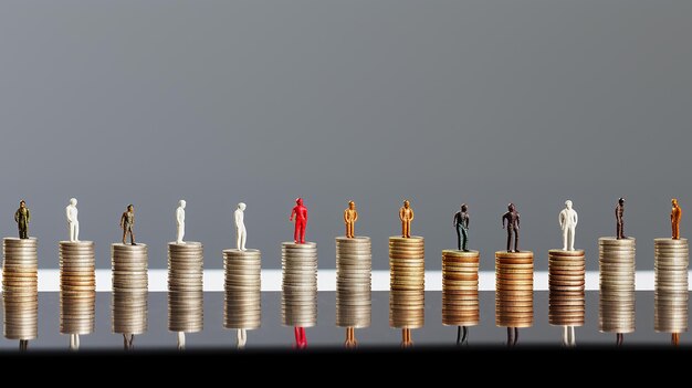 Photo many business miniature figure standing on coins
