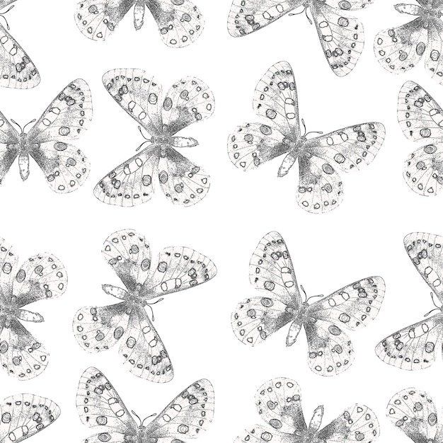 Many butterflies seamless pattern, retro vintage engraved style texture, nature conception