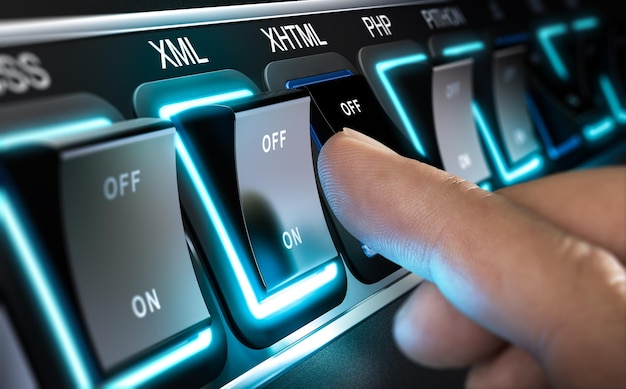 many buttons in a row with different programming languages names. a finger is pressing the xml button. composite between an image and a 3d background.