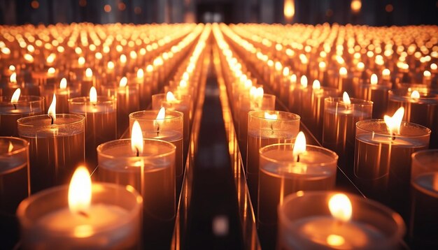 Many candles burning in cathedral votive candles glows on all saints day