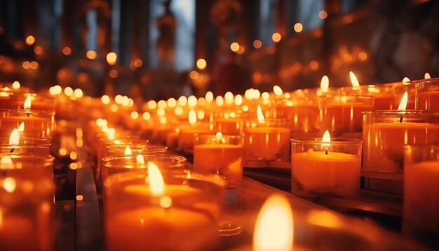 Many candles burning in cathedral Votive candles glows on All saints day