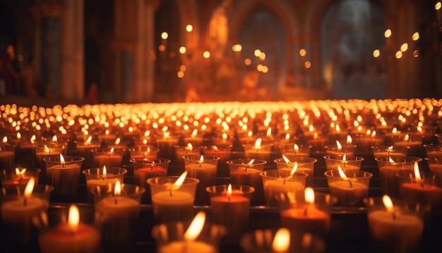 Many candles burning in cathedral votive candles glows on all saints day