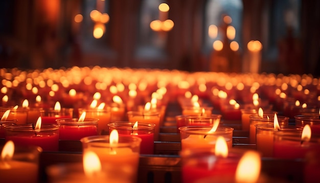 Many candles burning in cathedral votive candles glows on all saints day