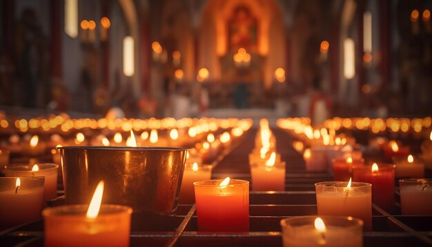 Many candles burning in cathedral votive candles glows on all saints day