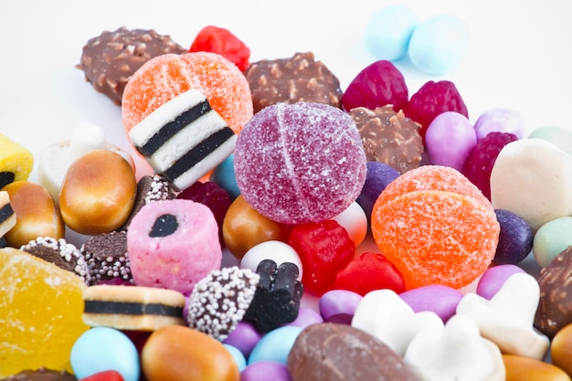 Many candy on white background.Fruit snacks