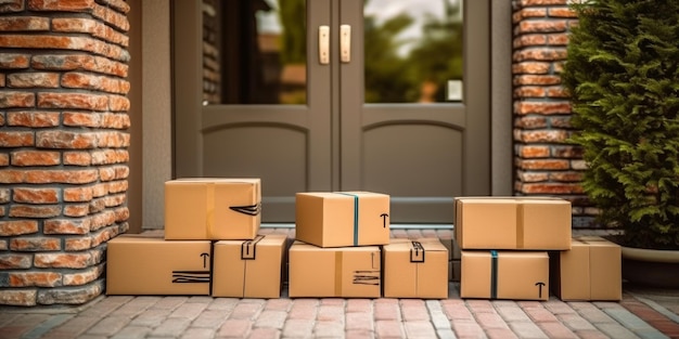 Photo many cardboard boxes in the front of door