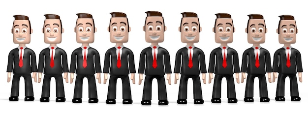 Many cartoon businessman standing in a row 3D illustration