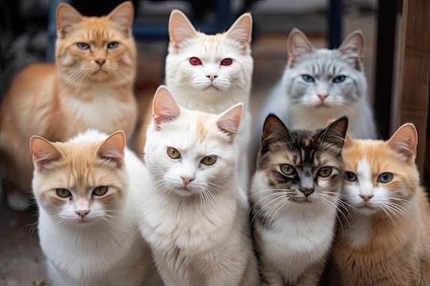 Many cats of various breeds and colors looking expectantly at the camera created with generative ai