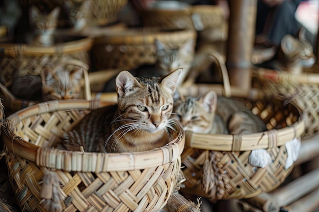 手工芸品市場で多くの猫がワイカーバスケットに手作りのバスケットに新しいワイカーワークの猫