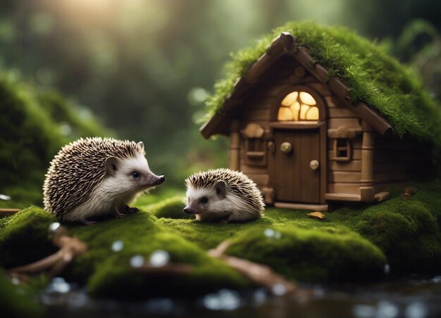 Photo many chibi hedgehogs all are beautiful and a mystical mossy turf hut hidden deep in a misty valley