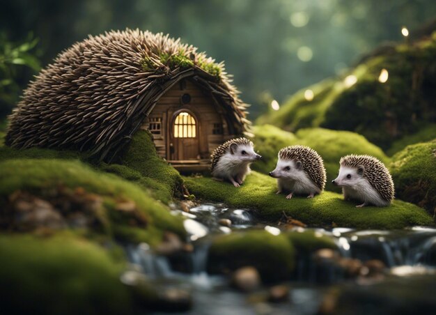 Photo many chibi hedgehogs all are beautiful and a mystical mossy turf hut hidden deep in a misty valley