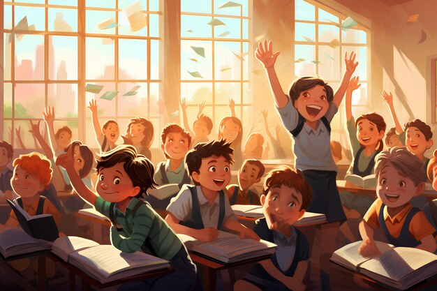 Many Children in a Classroom Sitting with Arms Raised