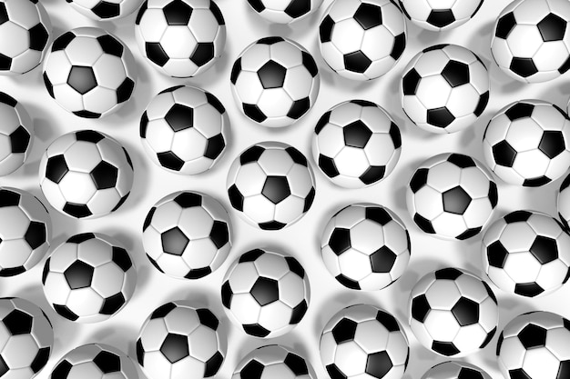 Foto molti classici palloni da calcio in bianco e nero a scacchi in pelle illustrazione 3d