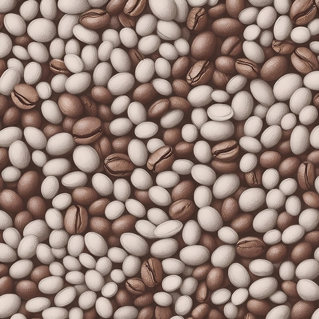 many coffee beans are stacked on a brown background