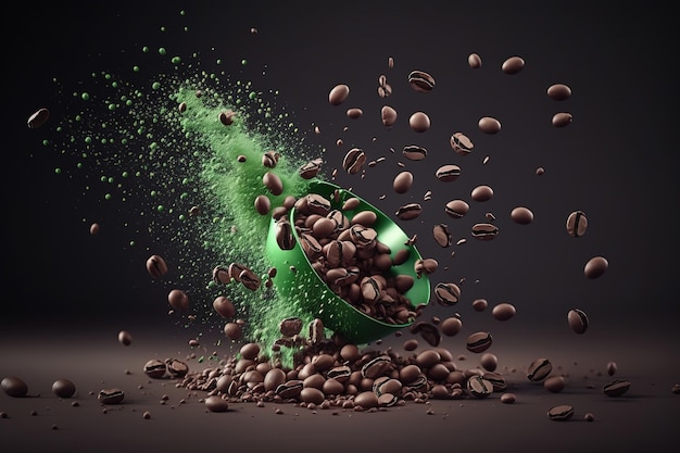 Many coffee beans falling in the air on green background Macro