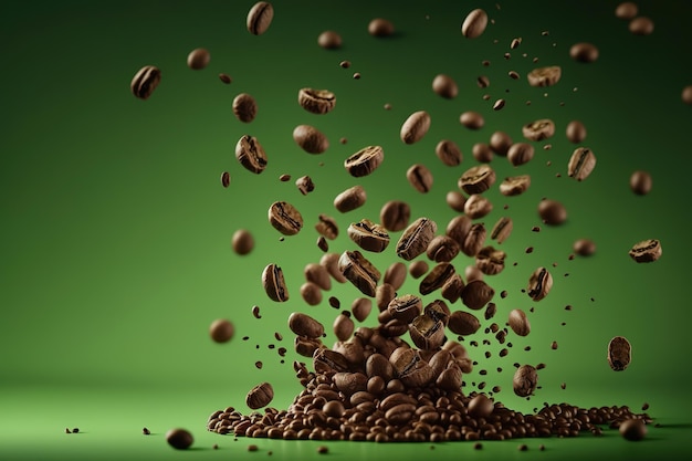 Many coffee beans falling in the air on green background Macro