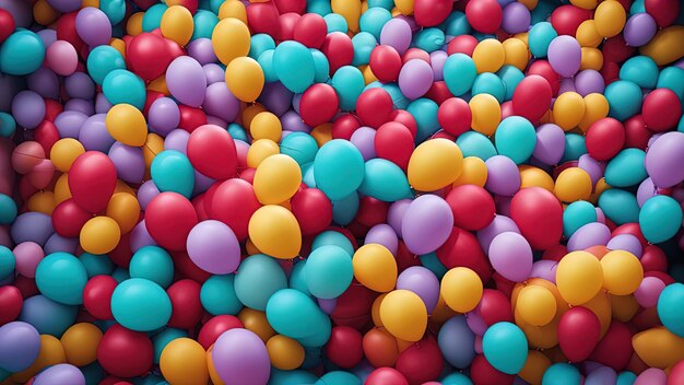 Many colorful balloons are decorated with a wall as a background