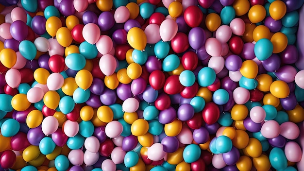 Many colorful balloons are decorated with a wall as a background