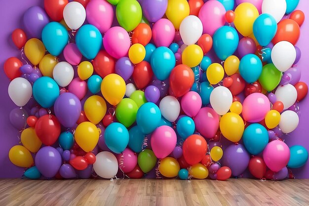 Many colorful balloons decorated wall as background