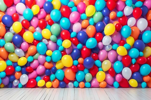 Many colorful balloons decorated wall as background