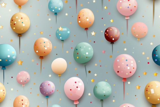 many colorful balloons and stars on a gray background