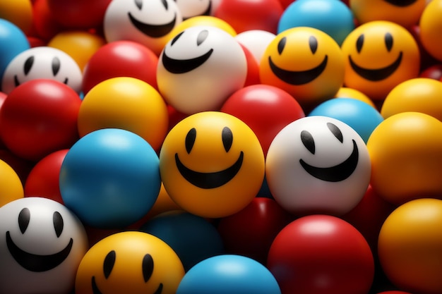 Many colorful balls with smiley faces on them