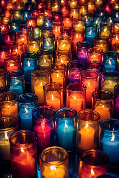 Photo many colorful candles lit up on the ground in the style of 1970s bold contrast rich hues ashcan