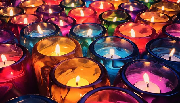 Many colorful candles lit up on the ground in the style of 1970s