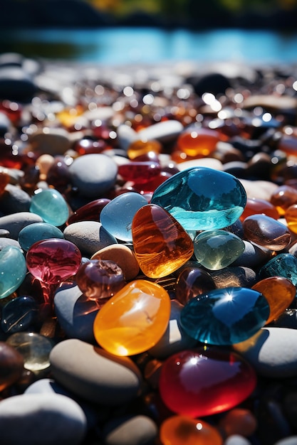Множество разноцветных красочных камней, прозрачных светящихся камней, генерация AI