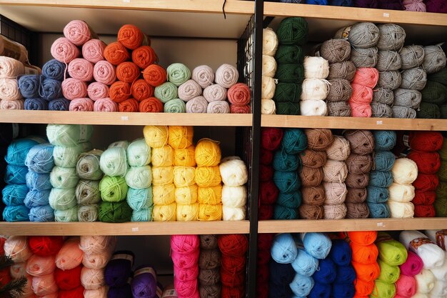 Many colorful colorful yarn in a shelf