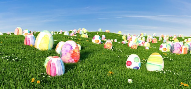 Many colorful easter eggs in the grass of a meadow for easter, copy space for individual text