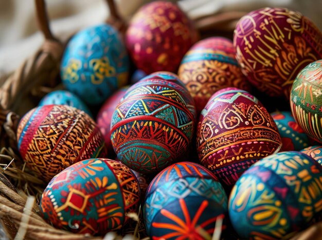 many colorful easter eggs set on a table