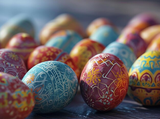 many colorful easter eggs set on a table