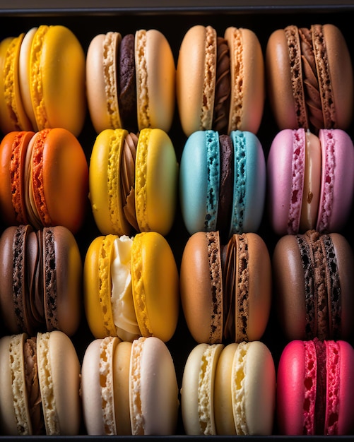 many colorful french macarons top view food photography